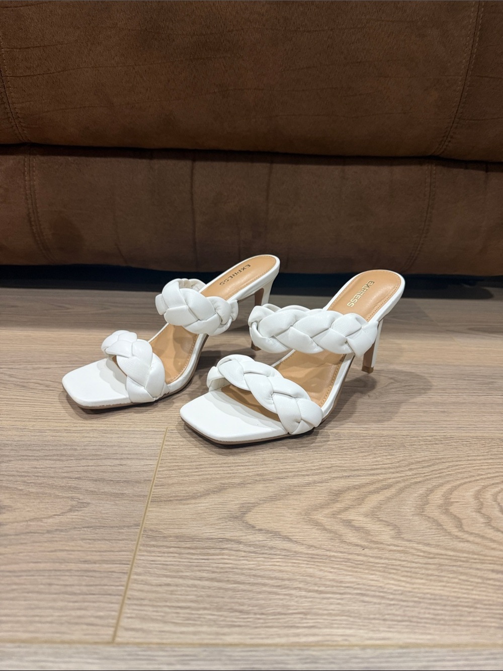 Express White Braided Strap Mule Heels